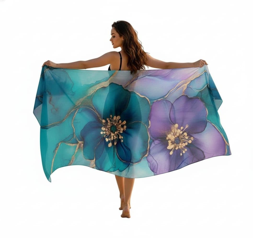 Women's Georgette All Over Print Pareo, Floral Design with Turquoise and Purple