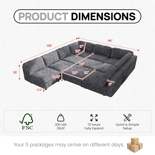 Image of Oversized Modular Sectional Chenille Sofa Bed with Hidden Storage, Comfy Modern 10 Seater Deep Seat Couch, Modular Sectional with Ottoman and Removable Cover for Living Room, Apartment, Gray