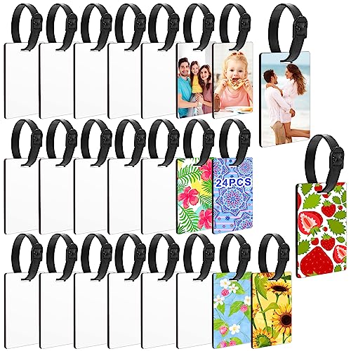 Lot de 12 étiquettes vierges à sublimation avec sangles, transfert thermique double face pour sac de voyage avec porte-clés boule moelleuse, porte-carte d'identité unique, étiquettes de voyage pour