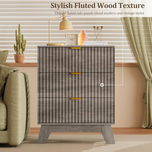 Image of Fluted Nightstand with 3 Large Drawers, Wooden Side End Table with Elevated Legs for Easy Cleaning, Sturdy Modern Beside Table for Small Space, Bedroom, Grey, 24 inch L