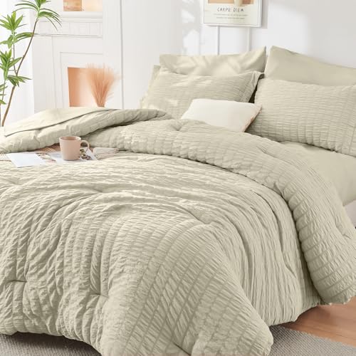 Image of HYMOKEGE Light Linen Twin XL Comforter Set Seersucker 5 Pieces, All Season Luxury Bed in a Bag for Bedroom, Bedding Set with Comforter, Sheets, Pillowcase & Sham