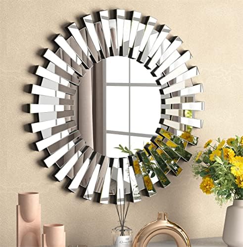SHYFOY Decorative Mirrors for Wall Home Decor Round Wall Mirror 32 inch Large, Modern Silver Wall Mirrors Glass Wall Art, Wall-Mounted Hanging Accent Mirrors Living Room Bedroom Fireplace Decor