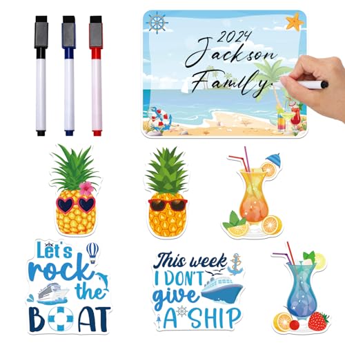 Dazoratix Cruise Stateroom Magnetic Decoration - 7 Pcs Funny Beach Ship Door Magnet Sticker Tropical Fridge Magnet Car Decor Pineapple Drink Magnetic Sticker for Carnival Party with 3pcs Erasable Pens