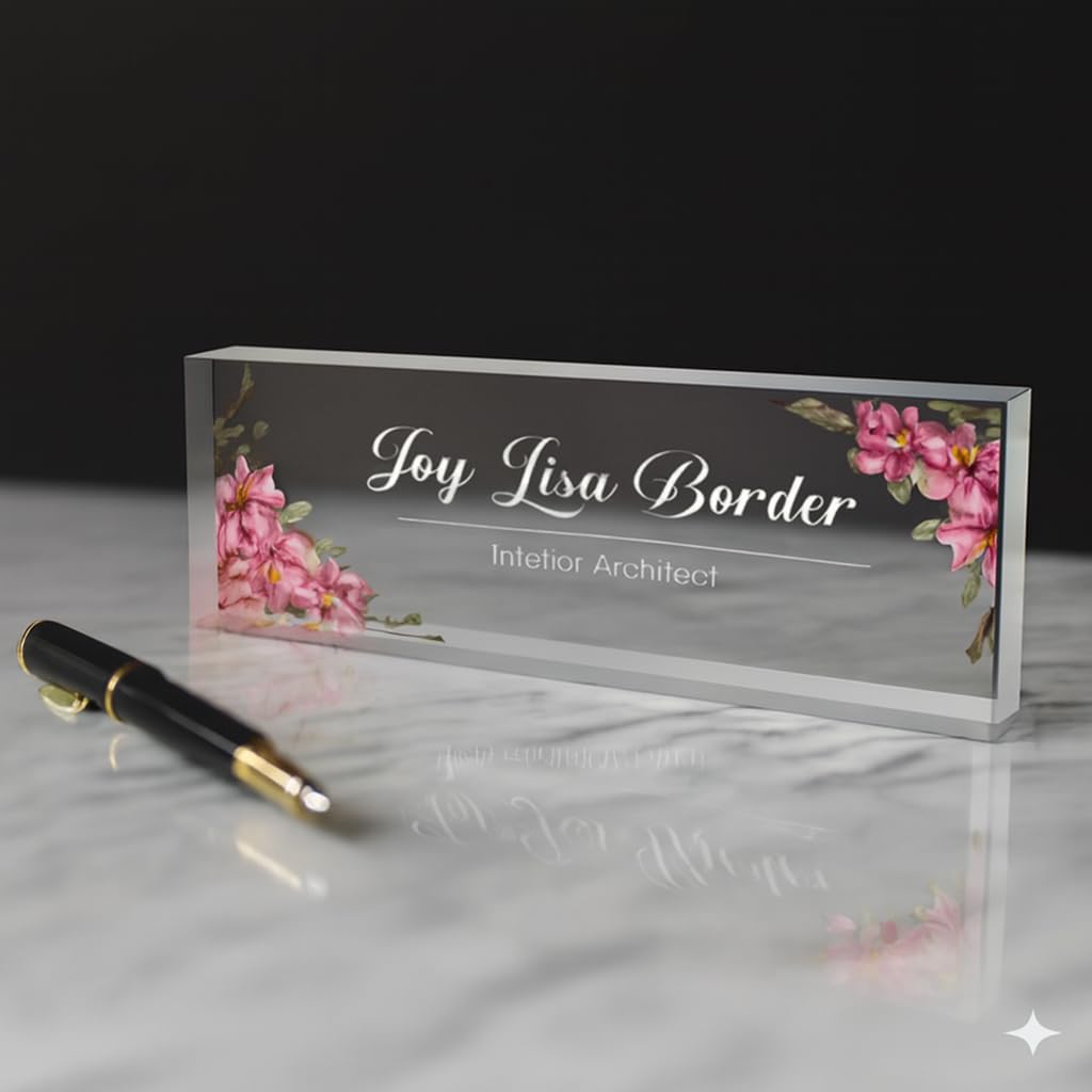 Personalised Office Desk Name Plate Custom Modern Plaque Sign Clear Glass Effect White Acrylic Base Work Home Gift for Loved Ones