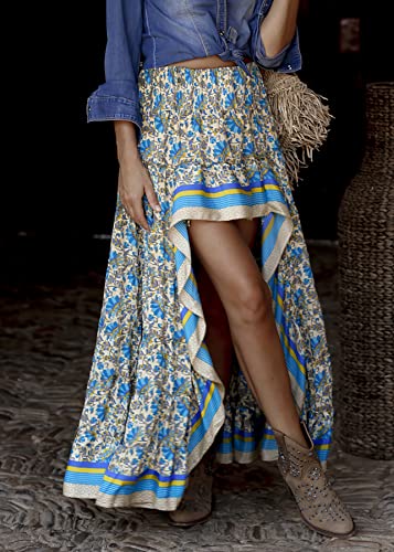 Women Summer Spring Boho Long Skirts Dress Floral Print Elastic Waist Split Ruffle High Low Beach Maxi Skirt2