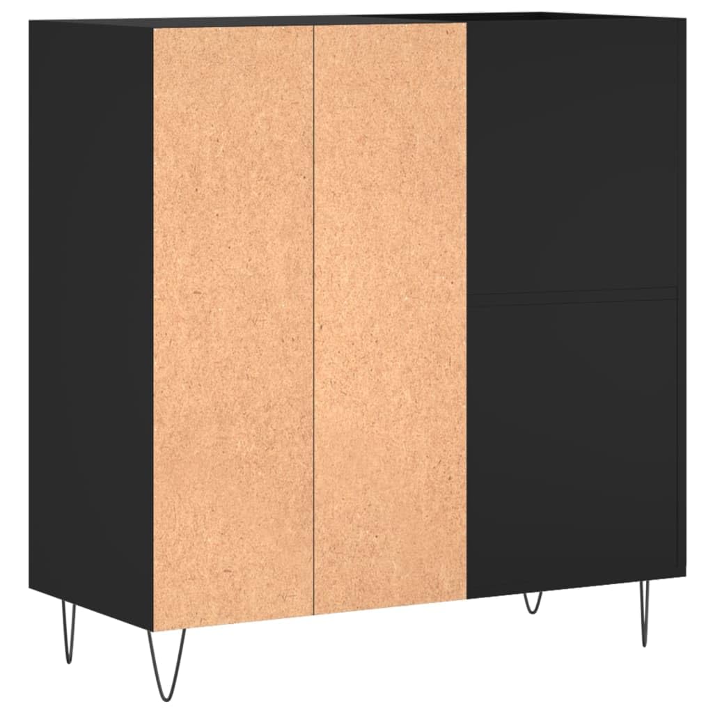Szafa panelowa, czarna, materiał drewnopochodny z żelaznymi nogami, 84,5 x 38 x 89 cm, miejsce do przechowywania płyt gramofonowych i winylowych, stabilna płyta górna do gramofonu, kredensu