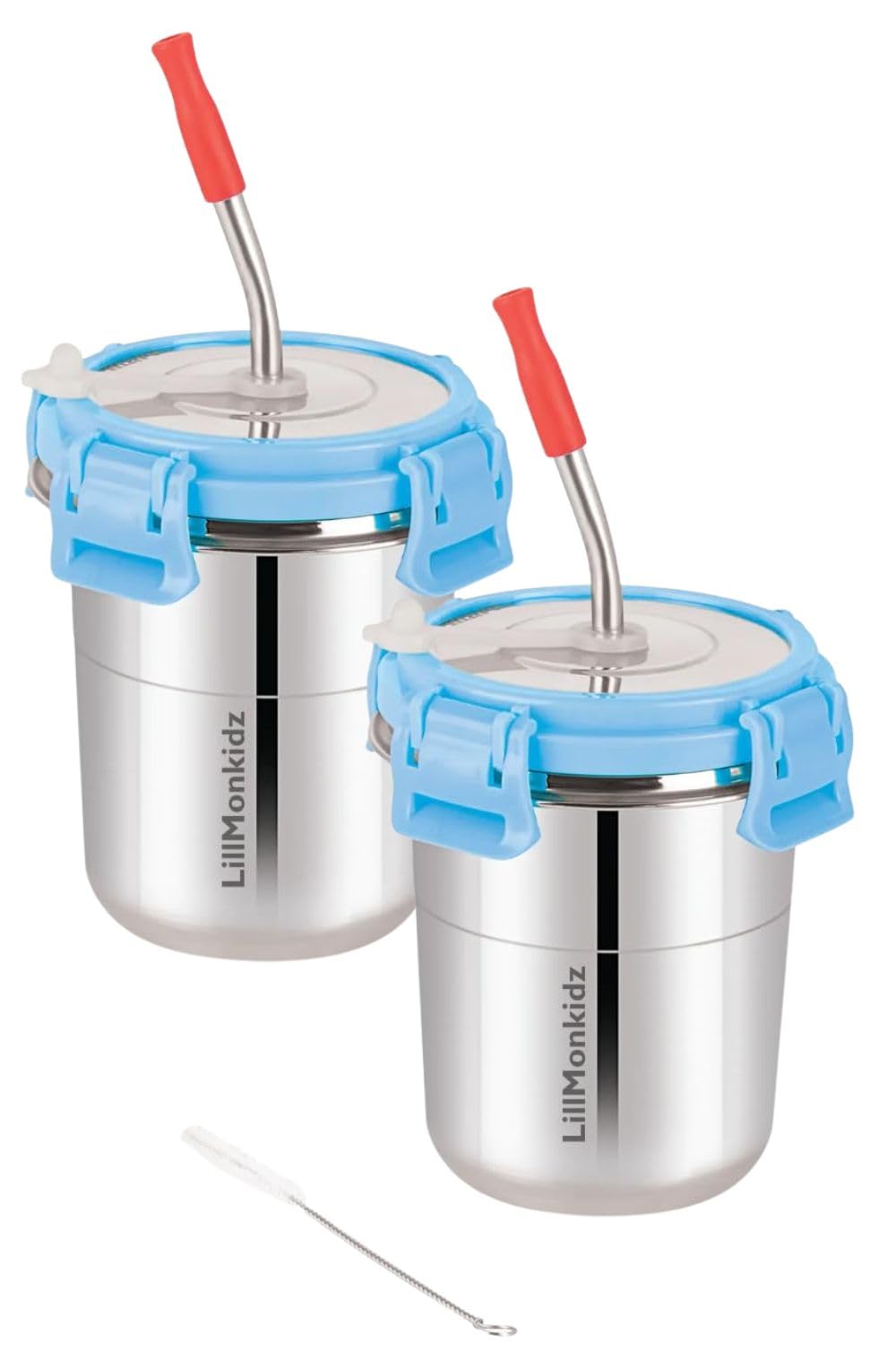 LiLMONKiDZ Steel Tumbler for Kids Set of 2 (300ml Each), Leak Proof Sipper Cups with Lid & Straw, BPA Free Baby Sipper Glass with Cleaning Brush, Drinking Tumbler for Milk, Juice & Water (Sky Blue)-image-47
