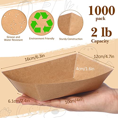1000 Pack Paper Food Boats Brown Food Tray 2 lb Capacity Hot Dog Trays Kraft Paper French Fry