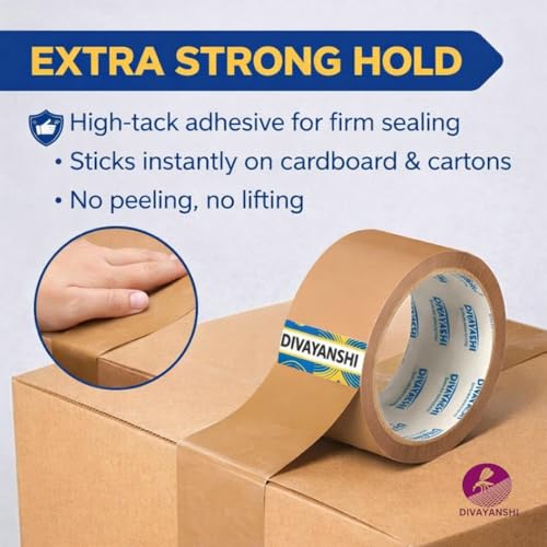 Image of DIVAYANSHI Brown BOPP Packaging Tape | 48mm x 50 Meter | Pack of 6 | Heavy-Duty Carton Sealing & Packing Tape