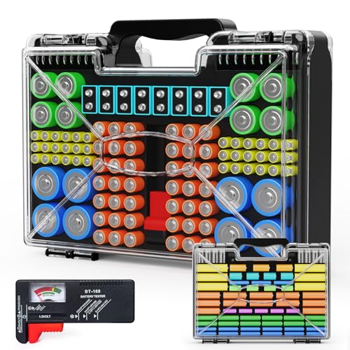 Battery Organizer Storage Holder Box Case with Tester, New Ultra-Large 245+Batteries Double-Sided Variety Pack, Holds AA AAA 4A C D Button Cell 9V 3V CR123 CR1632 LR44 Lithium18650 CR2 (Black)