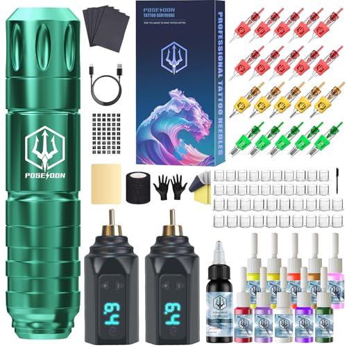POSEIDON Wireless Tattoo Pen Kit - Professional Cordless Tattoo Gun with 2 1500mAh Battery & 20 Cartridge Needles | Complete Tattoo Machine Kit for Beginners option