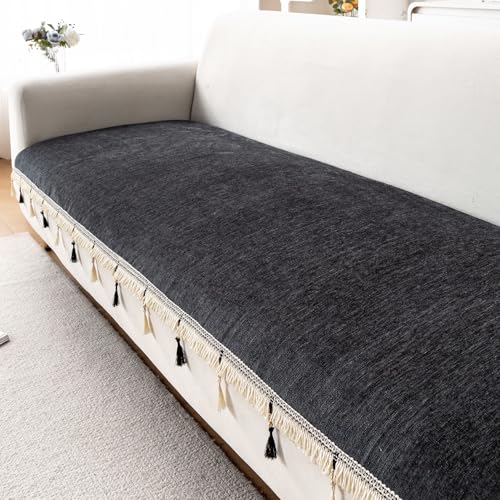 Image of HOKIPO 'Serenity Tassel' Chenille 3 Seater Sofa Cover with Tassel - Midnight Graphite (IN-892-DGRY)