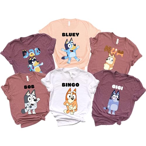 Personalized Bluey Family Shirt, Friends Matching Shirt, Custom Name Bluey Birthday T-Shirt for Kids Toddler, Cartoon Characters Shirts