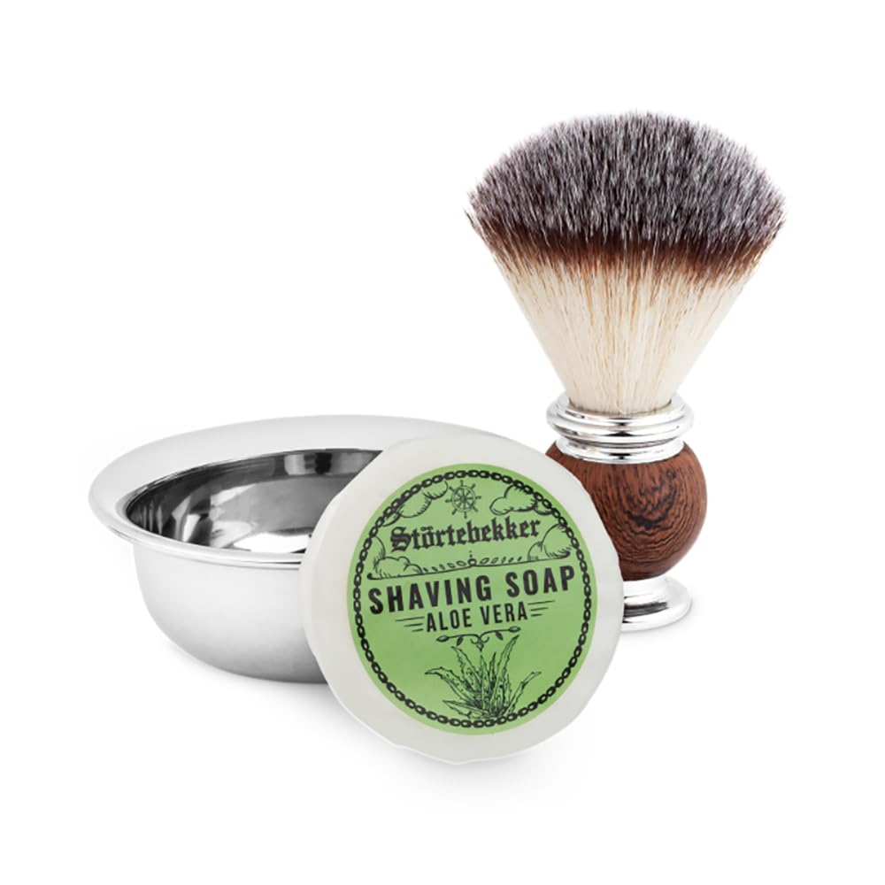 Störtebekker® Premium zestaw pędzli do golenia z miską do golenia ze stali nierdzewnej i mydłem do golenia z aloesem [w zestawie e-book z przewodnikiem po goleniu i brody] – pomysł na prezent –
