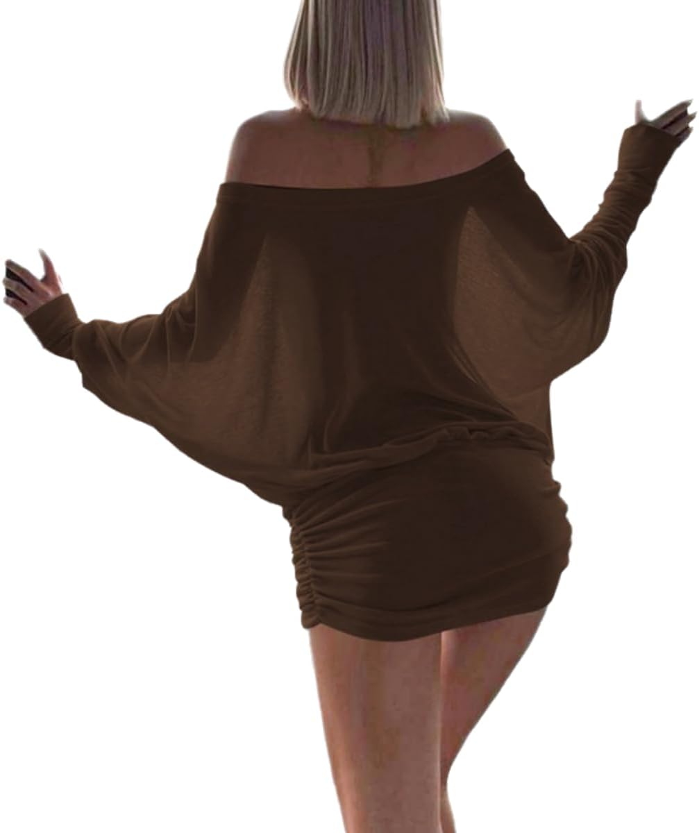 Chvity Women's Sexy Sheer Off The Shoulder Mini Dress Loose Fit Batwing Ruched Casual Party Club Night Out Dress