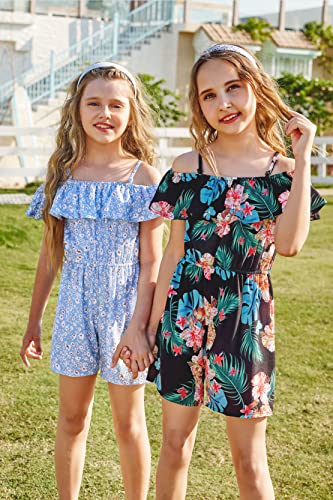 Arshiner Girls Rompers Loose Summer Clothes Ruffle Strap Hawaiian Jumpsuits One Piece Outfit Floral-Black 10-11 Years #TOP4