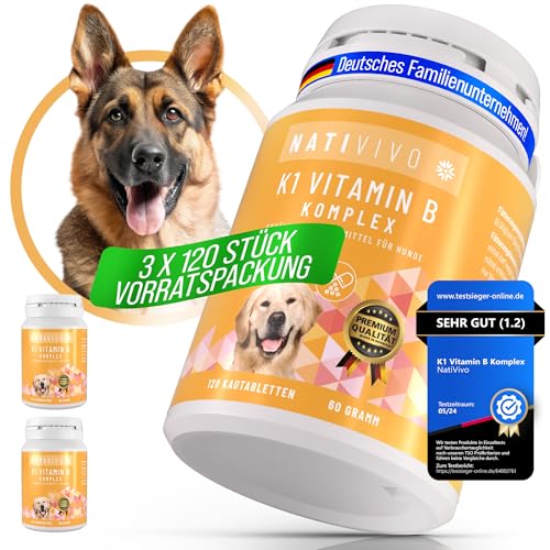 NatiVivo K1 Vitamin B Komplex Hund – hochdosierte Hunde Vitamine mit Vitamin B1, B12 & Folsäure Vitamine für Grosse Hunde  15 kg 120 Premium Tabletten Nicht teilbar Made in Germany