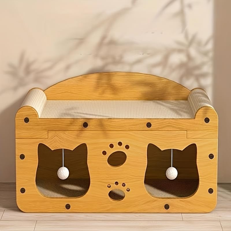 2-in-1 Kratzbaum und gemütliches Katzenbett mit hängendem Ballspielzeug - großes Kartonbett, Katzen-Spielhaus, Langlebiges Katzenspielzeug, lustige Möbelgeschenkidee, Katzenzubehör