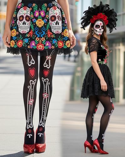 Image of ToBeInStyle Women's Sugar Skull Dia de los Muertos La Catrina Skeleton Bones Tights & Thigh High Stockings