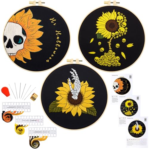 Image of Halloween Gothic Embroidery Kits for Beginners Adults, Skull Hand Embroidery Needlepoint Kits, Sunflower Stamped Cross Stitch Kits for Beginners Adult, 3 Set Embroidery Hoops (Attached Video Tutorial)