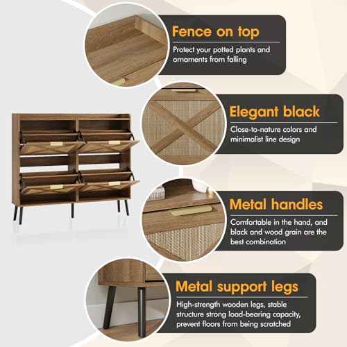 Image of Maupvit Large Shoe Storage Cabinet with 4 Flip Drawers, Narrow Shoe Cabinet for Entryway with Wooden Legs, Freestanding Hidden Shoe Rack Organizer & Metal Hinges, Rustic Oak Rattan