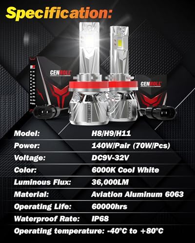 Cenmoll H11 Led Headlight Bulb, 140W 36000LM 700% Brightness 360 Degree Adjustable Beam Angle 6000K Cool White H8 H9 H11 Led Fog Light Bulb Canbus Error Free 12V 24V Built-in Canbus Driver, Pack of 2 - Image 7
