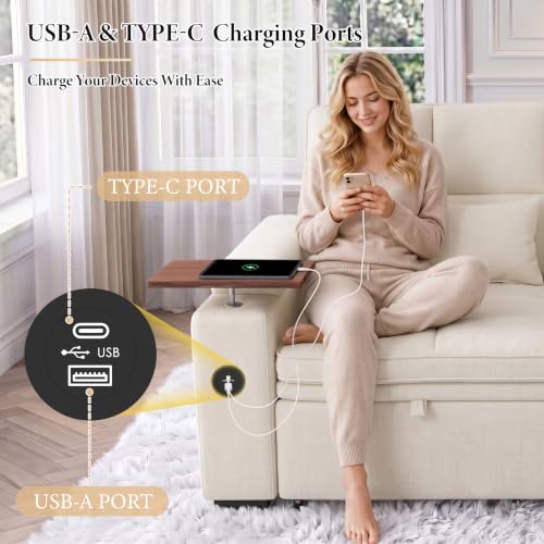 Image of Dreamzie 65'' Convertible Sleeper Sofa Bed with Swivel Side Table, Chenille Pull Out Couch for Living Room, Loveseat Sleeper Couch with Hidden Storage Space | Charging Port | Cup Holders, Off White