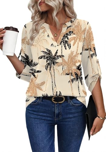 Image of XIEERDUO 3 /4 Length Sleeve Womens Tops V Neck T Shirts Both Side Buttons Blouses Business Casual Outfits Loose Fit