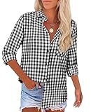 Black and White Plaid Shirt Women Button Down Flannel Shirts Long Sleeve Oversize Loose Lightweight Blouse Drop Shoulder Basic Professional Work Business Office Daily Life Tops Dressy Tunic Black 2XL
