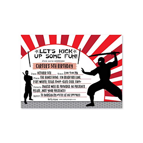 Image of Hadley Designs Kids Birthday Invitations For Boys Ninja Theme - 25 Ninja Birthday Party Invitations For Boys, Martial Arts Invites For Boy, Cute Karate Party Supplies, Made In USA
