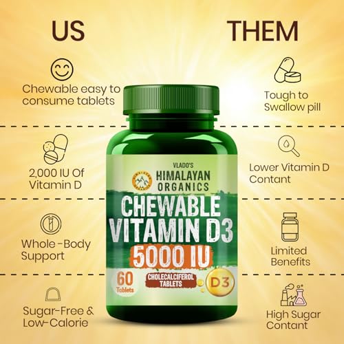 Image of Vlado's Himalayan Organics Vitamin D3 5000IU - Chewable Vitamin D Tablets | Cholecalciferol Vitamin D3 Supplement for Bone & Immunity | For Men And Women | Orange Flavour - 60 Tablets
