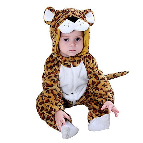 LSERVER Mameluco de Cosplay para Bebés Recién Nacidos Ropa de Arrastre Disfraz Unisexo de Franela con Capucha Estilo Animales, Leopardo, 80 (Altura recomendada:66-73cm)