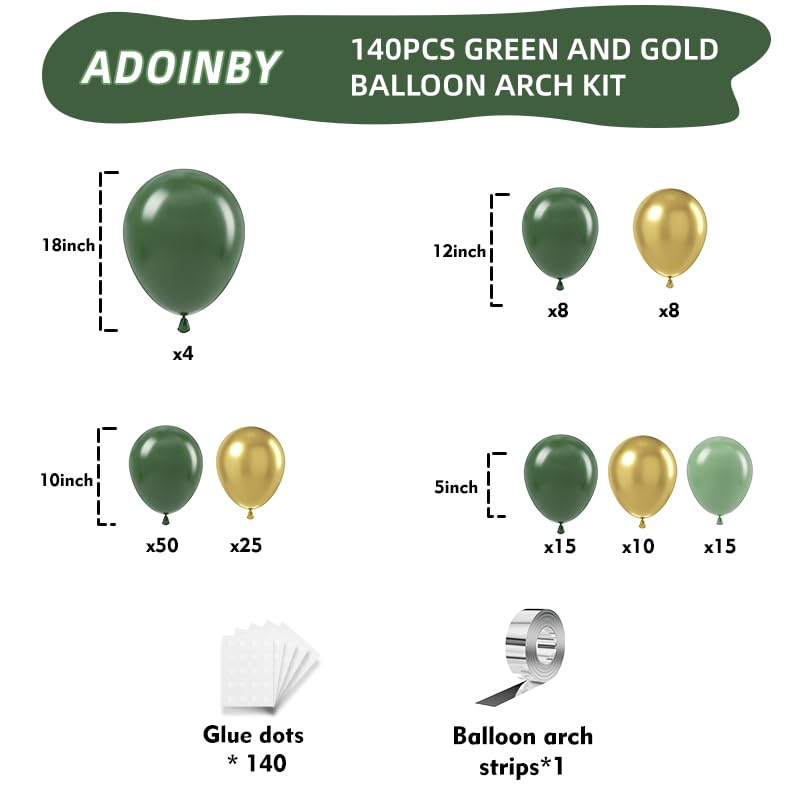 Image of Green and Gold Balloon Arch Kit, Dark Emerald Green Hunter Forest Sage Green Metallic Gold Balloon Garland kit, 18 12 10 5 Inch Balloons for Birthday Wedding Jungle Safari Party Decorations