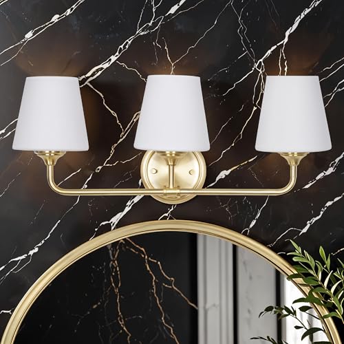 Image of Kenroy Home Roberts Brushed Gold 3-Light Bathroom Vanity Light with Opal Glass Shades for Contemporary, Transitional, or Modern Farmhouse Bathroom Decor