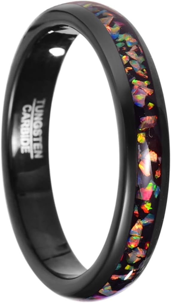 Vakki 4mm 8mm Black Tungsten Rings Inlaid with Crushed Created Opal Wedding Engagement Band for Men Comfort Fit Size 4-12