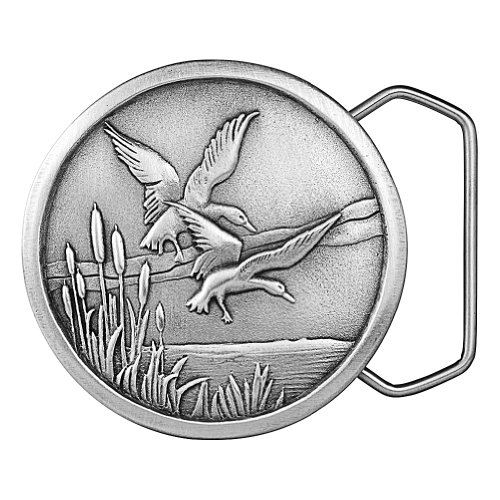 Indiana Metal Craft Flying Ducks Pewter Belt Buckle, Made in USA