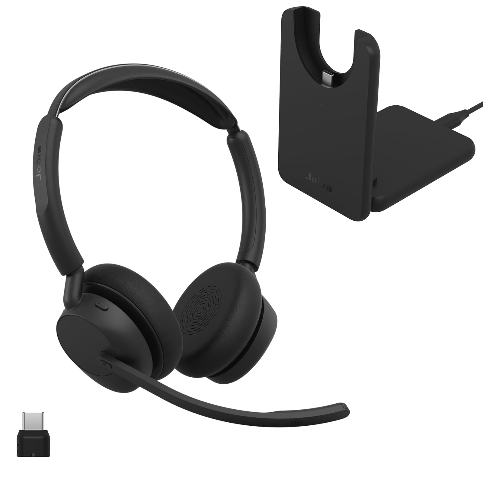Jabra Evolve3 45 Dual-Ear Wireless Bluetooth Headset with Mic, USB-C, UC | Charging Stand, USB-C Adapter, 21h Battery, Lightweight, Flip-to-Mute Mic Arm, Works with Online Meeting Apps, Black