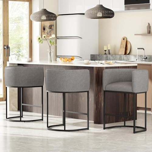 Image of 26 inch H Counter Height Bar Stools Set of 2, Modern Barrel Counter Stools with Backrest and Arms, Linen Fabric Upholstered Accent Barstools for Kitchen Island,Support 450 LBS (Gray)