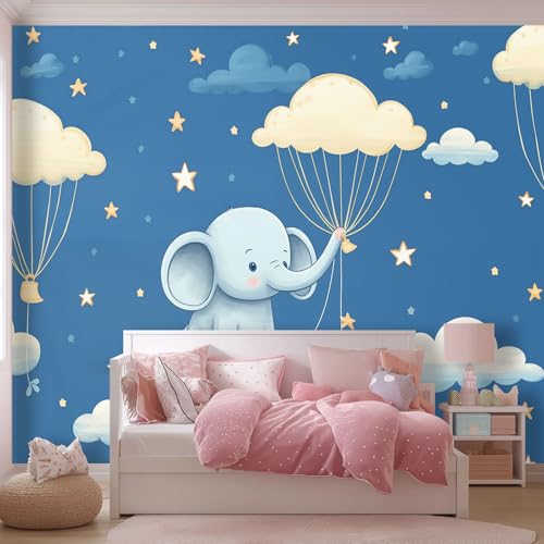 Papel pintado Lindo Patrón De Elefante Bebé, 200 x 140 cm Azul Papel tapiz fotográfico personalizado no tejido para sala de estar y habitación infantil