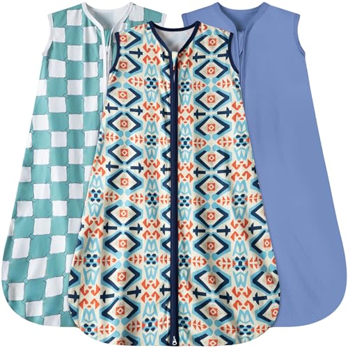 Image of GUNTAIL Baby Sleep Sack 0-6 Months 3 Pack Baby Wearable Blanket 100% Rayon Cotton 2-Way Zipper Toddler Sleeping Sack .Comfy Soft Lightweight TOG 0.3 (Bohemia&Checkered&Blue)