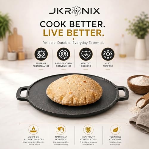 Image of Pre-Seasoned Cast Iron Dosa Tawa with Handle, 30 cm, Naturally Non-Stick Cookware for Roti, Chapati, Chilla & Uttapam, Heavy Duty Griddle, Gas Stove & Induction Compatible (Normal)