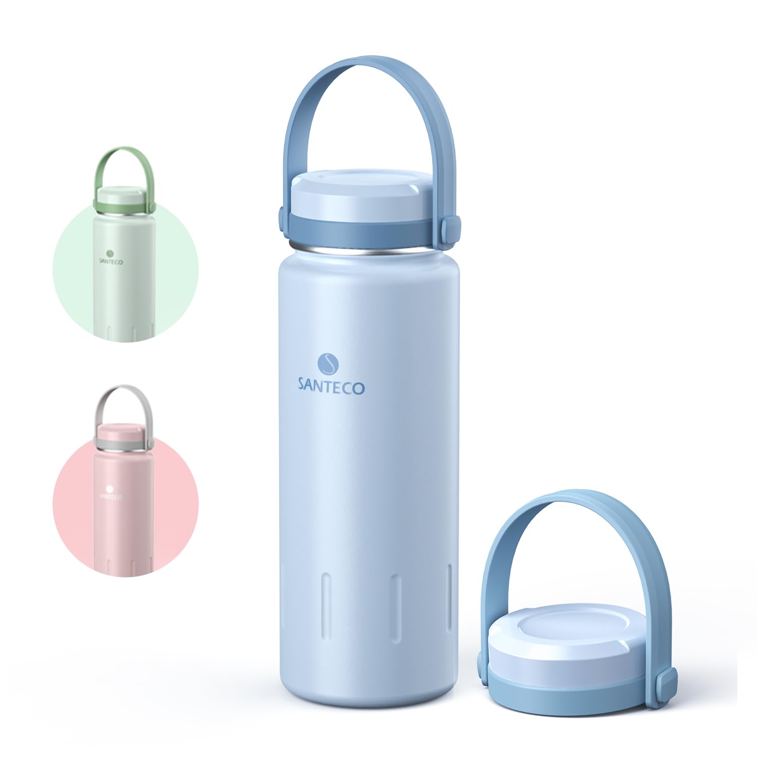 Santeco 17oz Stainless Steel Water Bottle with handle - Insulated Double Wall,Stylish Personality water bottle,Wide Mouth, Ergonomic design,Leak-Proof Reusable Bottle for Hydration On-the-Go blue