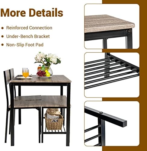 TANGZON 4-Piece Dining Room Set, Modern Kitchen Table and Chairs Set with Bench, Steel Frame Wooden Furniture Set for Living Room and Study (Grey)