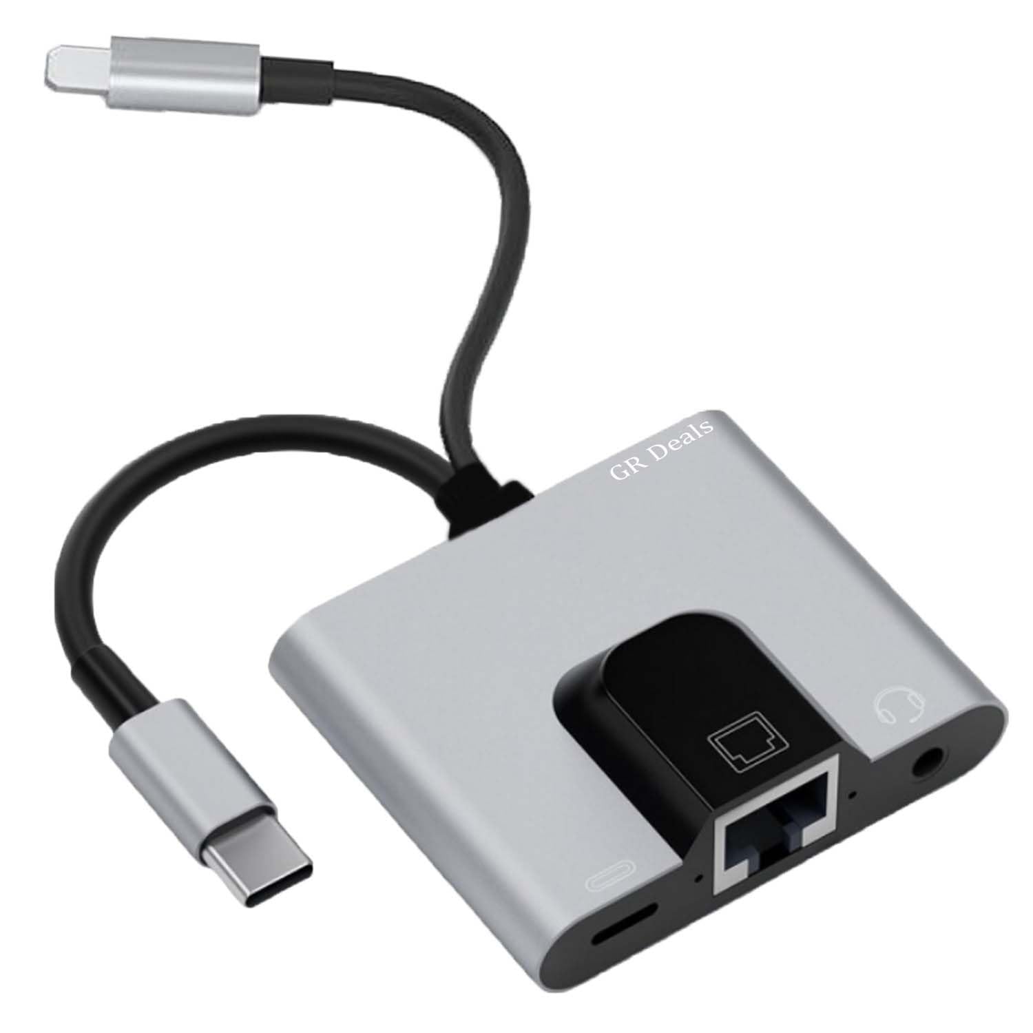 3-in-1 Lightning & USB-C Male to Lightning Charging, RJ45 LAN Ethernet & 3.5mm Audio Jack Multiport Hub Adapter for Laptops, Tablets & Mobile Phones (Space Grey).