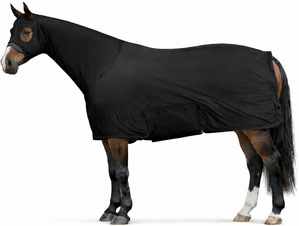 Majestic Ally Full Body Horse Sheet with Neck Cover, 4-Way Stretch Spandex, Multiple Colors, Small to Extra Large (Black, Large)