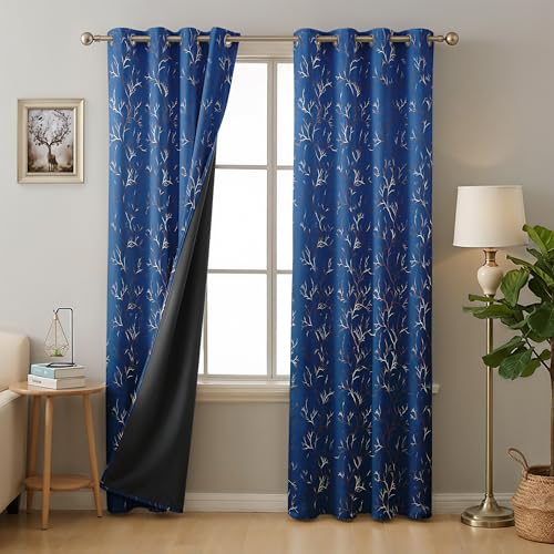 FABREEVA True Blackout Window Curtains 5 Feet-Room Darkening Drapes Black Backing,Thermal Insulated,Steel Groomet Living Room,Bedroom,4 Piece (45W×60L Inch,Foil Floral,Navy Blue) Deal