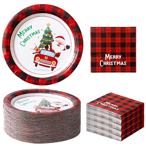Winoo Design 40PCS Christmas Plates and Napkins Set - Serves 20 Guests - Santa Paper Plates Xmas Disposable Plates Dinner Plates for Christmas Decorations Décor Party Supplies