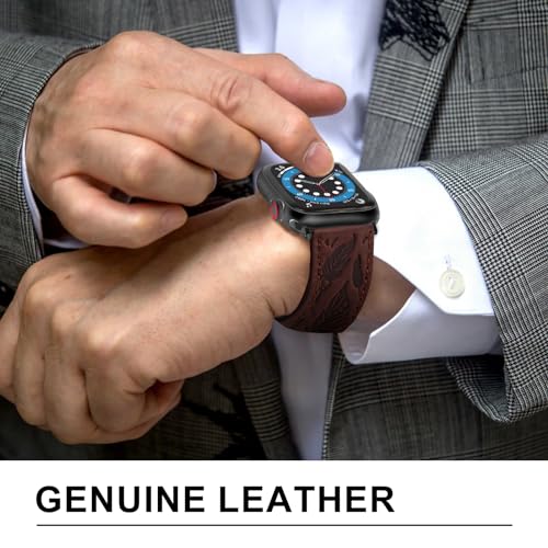 NPET Genuine Leather Apple Watch Band with Western Engraved Feather Pattern and Magnetic Buckle - Compatible with Apple Watch Ultra SE2 SE Series 8 7 6 5 4 3 2 1