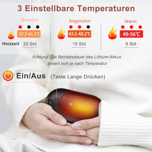 COTOP Handwärmer Elektrisch, 6000 mAh 2er Pack Taschenwärmer Wiederverwendbar, Akku Handwärmer USB C, 3 Stufen Heizung bis zu 56°C, Geschenk für Männer Skifahren, Wandern – Bild 3