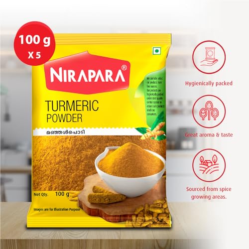 Image of Nirapara Turmeric Powder for Incredible Taste and Flavour| Perfectly Grounded for Rich Texture & Aroma| No Added Flavours & Colours| Hygienically Packed| 100g x 5 | 500 gms